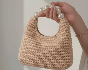 Handmade Pearl Handle Crochet Bag, Beige Chunky Knit Top Handle Purse, Elegant Evening Pearl Bead Handbag, Unique Bridal Gift Aesthetic Tote