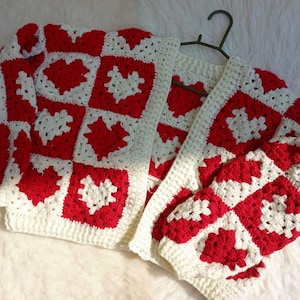 Crochet Handmade Heart Granny Square Cardigan – Red & White Chunky Knit | Cozy Women Boho Sweater | Winter Valentine Gift | Faifat Official