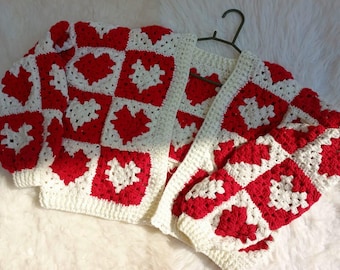 Handmade Heart Granny Square Crochet Cardigan: Red and White Boho Sweater