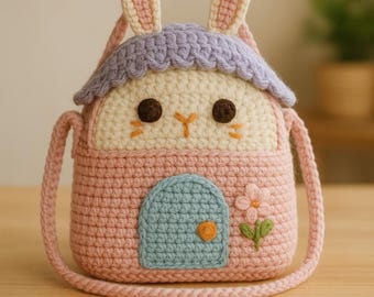 Handmade Crochet Bunny Bag, Kids Animal Crossbody Purse, Toddler Cotton Yarn Handbag