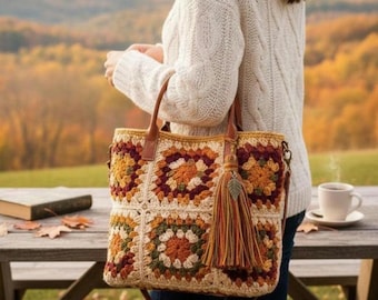 Sac fourre-tout carré grand-mère au crochet, sac à main bohème automne, cadeau pour elle