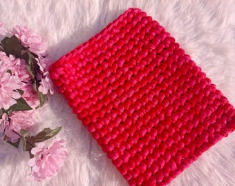 Bright Pink Handmade Crochet Laptop Sleeve, Padded Chunky T-Shirt Yarn MacBook Case