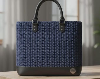 Luxury Handcrafted Woven Navy Blue Shoulder Purse with Leather Base & Handles, Structured Work Tote, Designer Gift for Her
