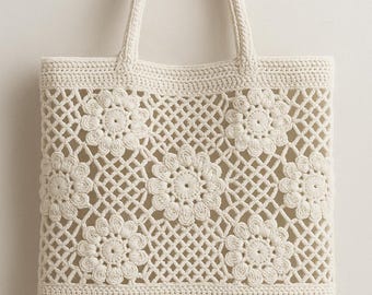 Handmade Crochet Floral Tote Bag – Boho Cotton Mesh Market Bag