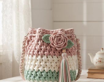 Handmade Crochet Bucket Bag, Rosewater Bloom, 3D Flower Tassel