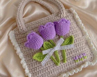 Sac fourre-tout tulipe crocheté à la main, sac à main en tricot à fleurs mauves, sac à main doublé de soie