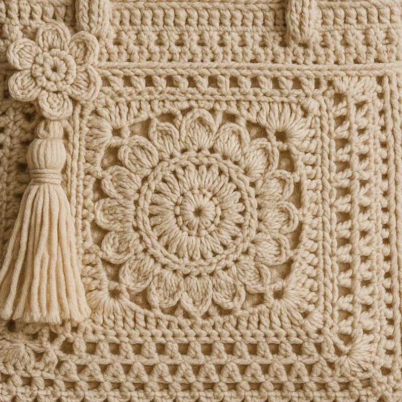 Square-shaped crochet tote bag featuring a central floral mandala, short handles, and a decorative tassel charm.