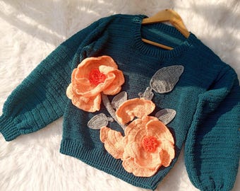 Handmade 3D Flower Crochet Pullover, Teal Green Floral Sweater, Chunky Knit Winter Top, Boho Flower Embroidery Jumper, Unique Gift for Her