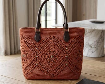 Crochet Tote Bag, Handmade Leather Handle Handbag, Boho Shoulder Bag, Crochet Market Bag, Large Everyday Purse, Gift for Women