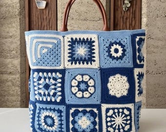 Sac cabas carré crocheté à la main, style grand-mère, sac bandoulière en coton bleu, sac de plage bohème personnalisé, cadeau pour elle