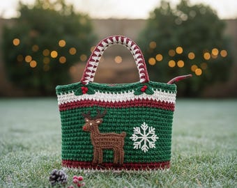 Gehäkelte Weihnachtstasche, handgefertigte Tasche mit Rentier- und Schneeflockenmotiv