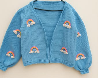 Blue Rainbow Crochet Cardigan: Handmade Boho Festival Sweater