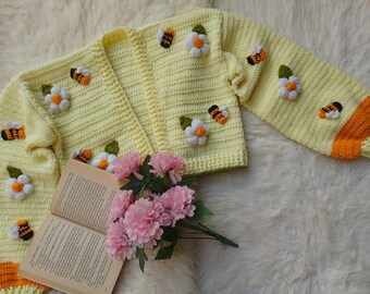 Handmade Crochet Daisy Cardigan, 3D Floral Knit Sweater, Cottagecore Jacket