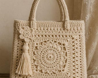 Sac à main crème au crochet avec pampille, fourre-tout fleuri bohème vintage, sac à main en coton fait main, sac d'invité de mariage élégant, poignée supérieure en tricot de luxe