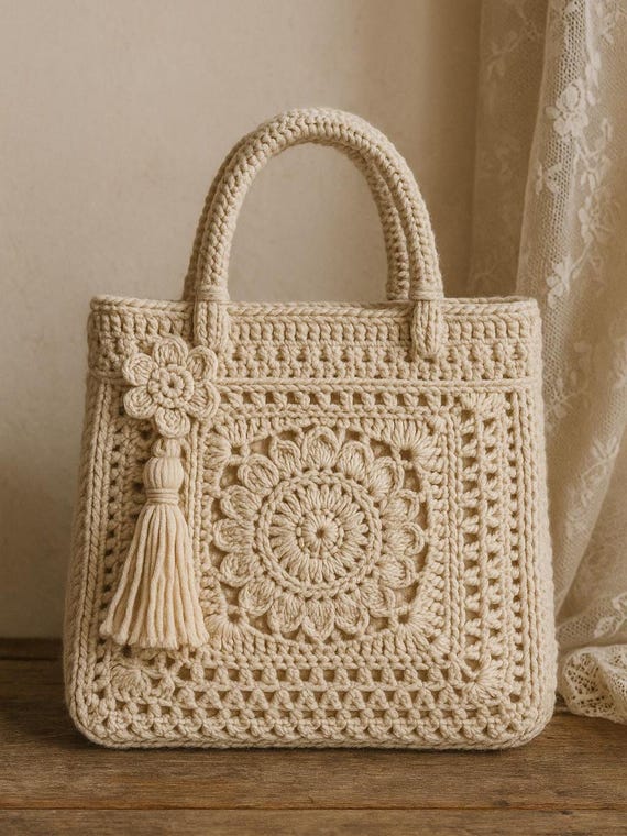 Cream Crochet Handbag with Tassel, Vintage Boho Floral Tote, Handmade Cotton  Purse, Elegant Wedding Guest Bag, Luxury Knitted Top Handle