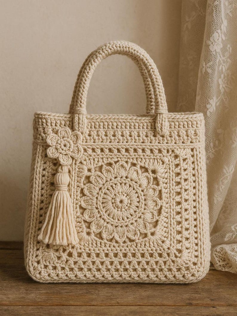 Ivory boho crochet handbag with floral mandala pattern made from 100% cotton yarn