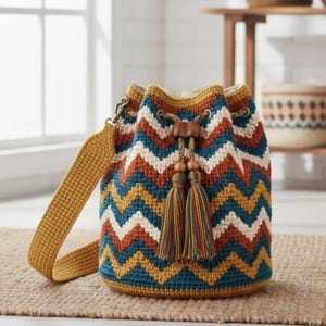 Bolso tipo cubo estilo boho hecho a mano con ganchillo, monedero con cordón y estampado de espiga en tonos tierra