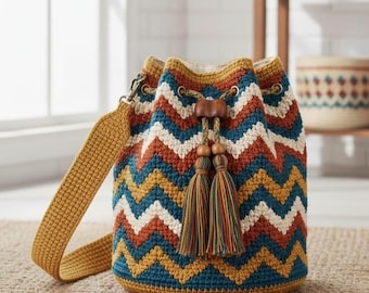 Handmade Crochet Boho Bucket Bag, Earth Tone Chevron Drawstring Purse