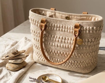 Luxury Crochet Tote Bag with Leather Handles, Handmade Cotton Bobble Stitch Purse, Beige Boho Shoulder Bag, Gift for Her