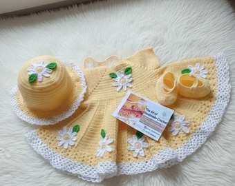 Handmade Yellow Crochet Daisy Baby Dress Set with Matching Sun Hat and Booties, Infant Easter Outfit, Newborn Take Home Gift