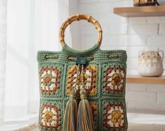 Handmade Crochet Granny Square Tote, Bamboo Handles, Sage Green Boho Bag