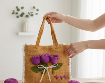 Handmade 3D Tulip Crochet Tote Bag, Floral Knit Shoulder Bag, Beige Boho Flower Purse, Aesthetic Spring Cottagecore Handbag, Gift for Her