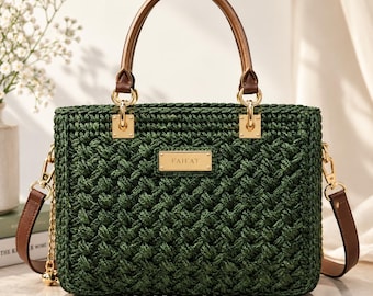 Luxury Crochet Tote Bag, Emerald Metallic Handbag, Designer Top Handle Purse, Silk Lined Shoulder Bag, Handmade Gift for Women