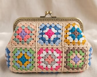 Pochette colorée au crochet, sac vintage à fermoir baiser, pochette carrée au crochet style grand-mère, sac fait main, pochette de soirée
