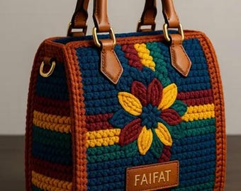 Handgefertigte gehäkelte Henkeltasche, farbenfrohe Stricktasche mit Blumenmuster, Boho-Schultertasche mit Chevron-Muster und Ledergriffen, einzigartiges Geschenk für Sie