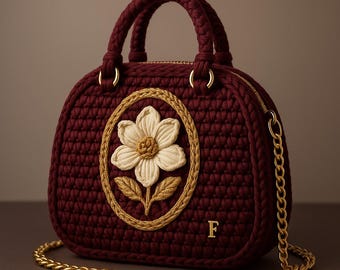 Handmade Crochet Maroon Tote Bag: Designer Floral Shoulder Purse