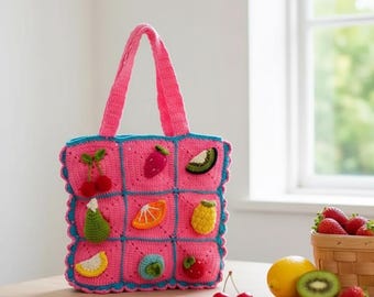 Handmade Fruit Crochet Tote Bag, Cute Strawberry and Lemon  Purse, Aesthetic Pink Boho Handbag, Summer Fruit Appliqué Bag, Gift for Her