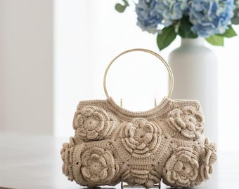 3D Rose Gehäkelte Handtasche, Elegante Floral Top Griff Geldbörse mit Metallring, Handgemachte Blume Statement Clutch für Hochzeitsgäste, Geschenk für Sie