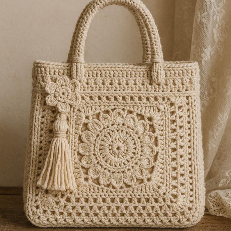 Ivory boho crochet handbag with floral mandala pattern made from 100% cotton yarn