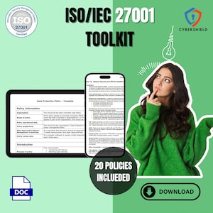 May include: A green and white digital download toolkit for ISO/IEC 27001, a standard for information security management systems. The toolkit includes 20 policies and a template for a data protection policy. The image also features a woman thinking and a light bulb.