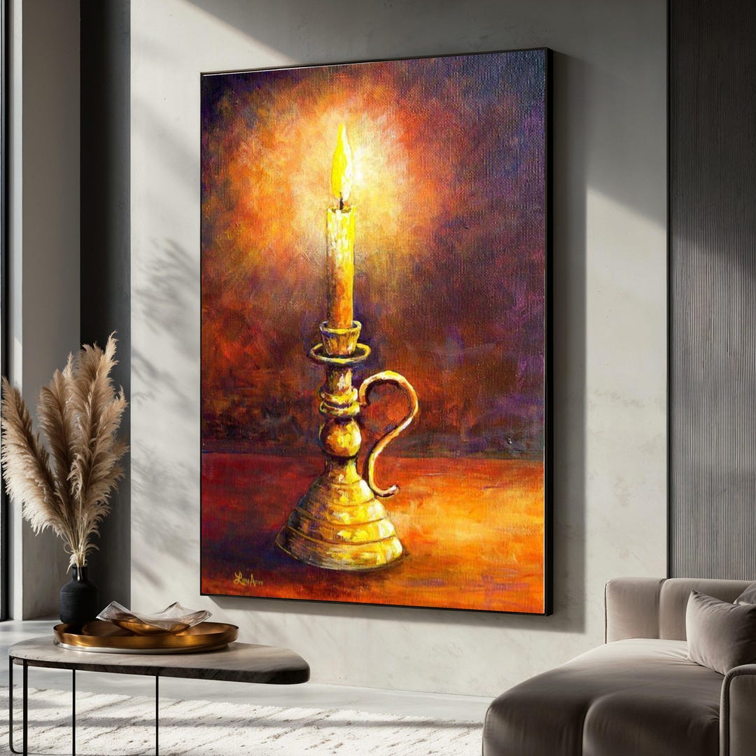 Candlelight Canvas Painting Brass Candle Holder Wall Art Warm Light
