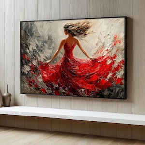 May include: A painting of a woman in a flowing red dress. The woman's hair is flowing in the wind and her dress is billowing out behind her. The background is a muted gray and white.