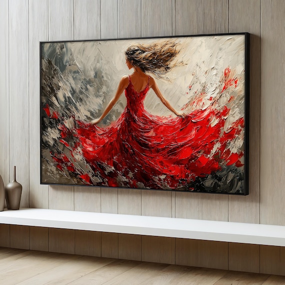Modern Canvas Painting of Woman in Flowing Red Dress, Elegant Wall Art, Vibrant Home Decor, Abstract Canvas, Artistic Gift for Her