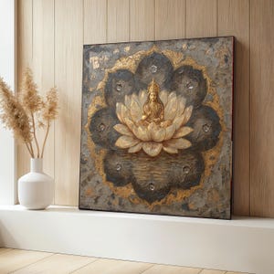 Golden Lakshmi on Lotus Canvas, Hindu Goddess Wall Art, Spiritual Home Decor, Embossed Painting, Sacred Art Canvas, Meditative Artwork