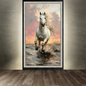 Cuadro de caballo blanco, arte mural de semental corriendo, decoración con escena oceánica al atardecer, obra de arte animal poderosa, idea de regalo para amantes de la naturaleza imagen 3