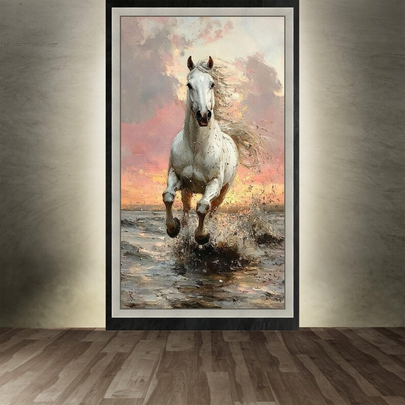 Cuadro de caballo blanco, arte mural de semental corriendo, decoración con escena oceánica al atardecer, obra de arte animal poderosa, idea de regalo para amantes de la naturaleza imagen 3