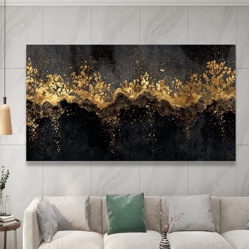 Elegant Gold Floral Abstract Canvas, Black and Gold Wall Art, Modern ...