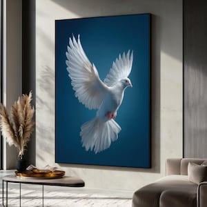 White Dove Canvas Painting, Blue Background Bird Art, Peace Symbol Wall Decor, Dove Poster, Elegant Flying Dove Print, Spiritual Gift