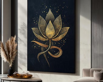 Dipinto su tela con loto dorato, elegante arte murale spirituale per soggiorno, tela con loto, arredamento zen moderno, arredamento per la casa moderno, regalo perfetto