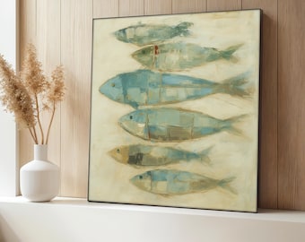 Coastal Fish Canvas Painting, Minimalist Ocean Wall Art with Blue Tones, Nautical Sea Life Decor, Abstract Fish Canvas, Unique Gift Idea