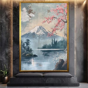 Mount Fuji and Cherry Blossom Canvas Painting – Serene Japanese Landscape Wall Art with Lake and Trees for Peaceful Home Décor or Gift
