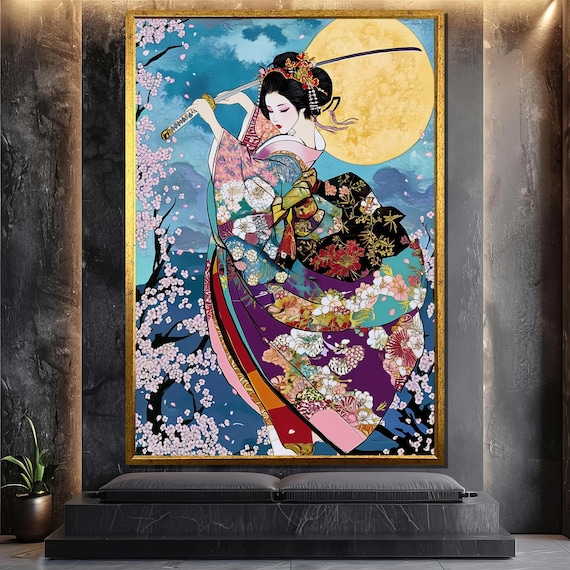 Colorful Geisha With Katana Canvas Painting – Floral Kimono and