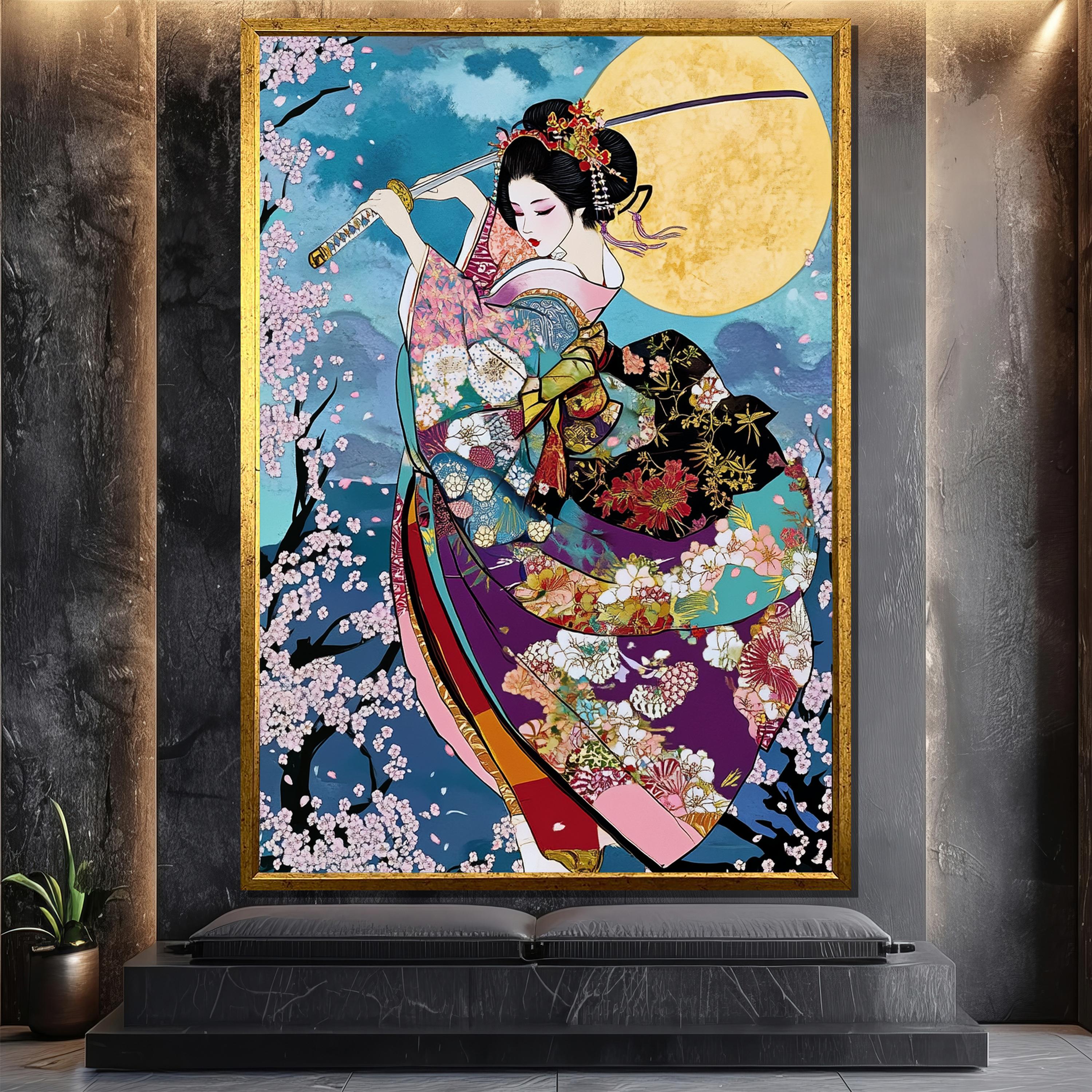 Colorful Geisha With Katana Canvas Painting – Floral Kimono and