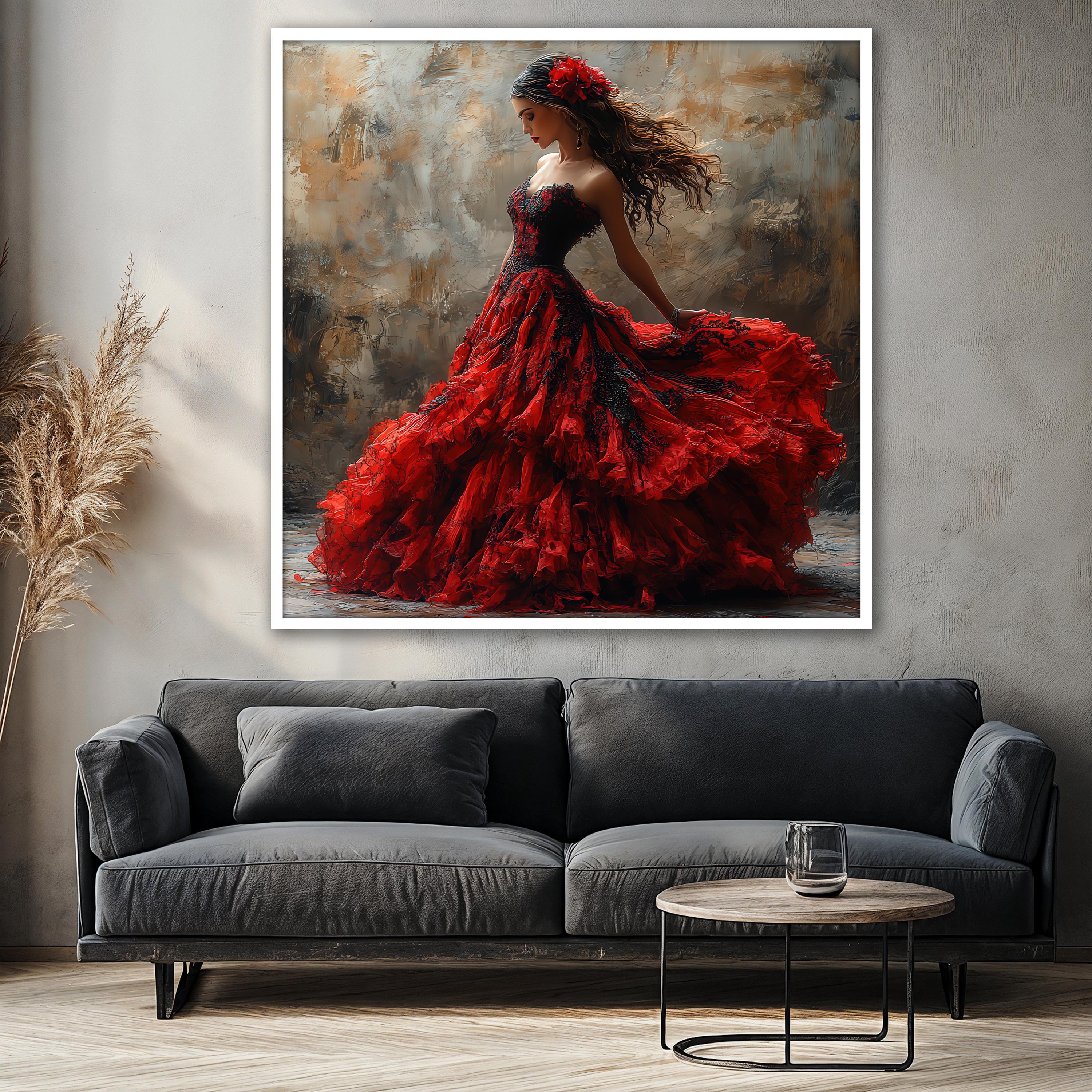 Elegant Woman in Red Dress Canvas Painting, Romantic Lady Floral Wall ...