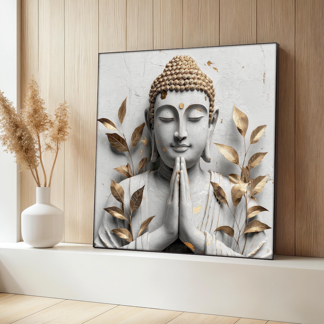 Buddha Canvas Painting, White and Gold Zen Wall Art, Serene Meditation ...