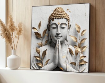Buddha Canvas Painting, White and Gold Zen Wall Art, Serene Meditation Decor, Buddha Poster, Peaceful Spiritual Artwork, Mindful Art Gift